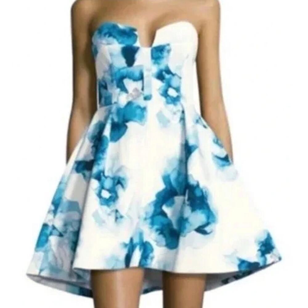 Keepsake The Label Women's Strapless Mini Cocktail Dress White Blue Floral NWT S